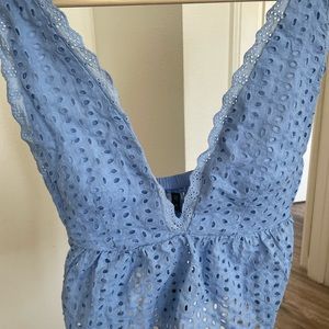 Blue Eyelet Deep V Neck Peplum Summer Tops